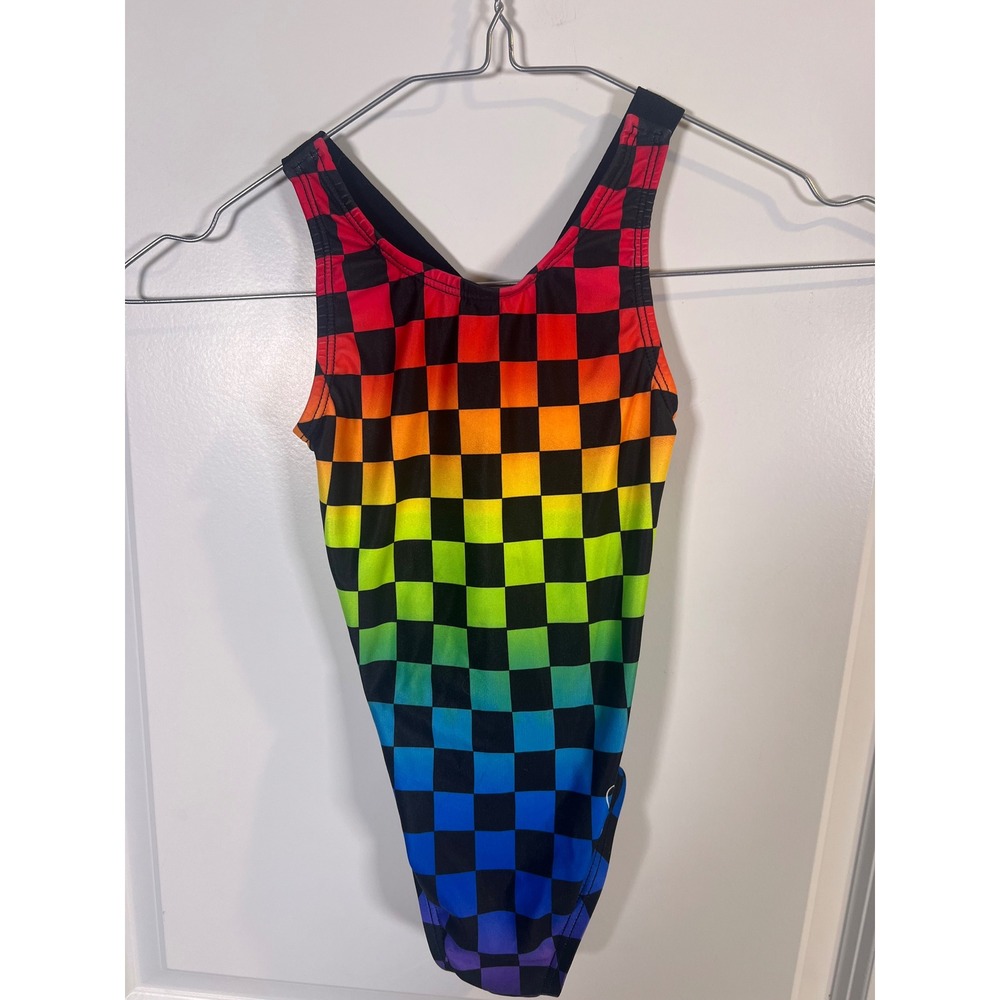 GK Elite Girls Leotard Simone Biles Rainbow Checkered Ombre Child Large